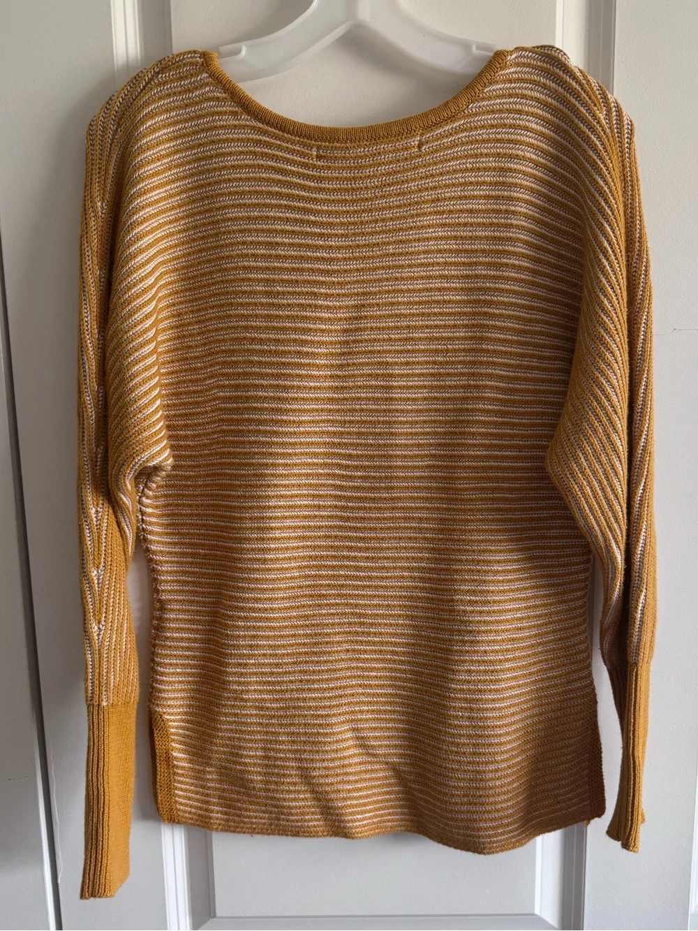 Max Studio Mustard and Cream Striped Crewneck Sweater